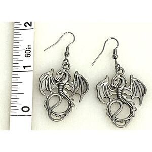Silver Pewter Dragon Earrings 2” Dangle For Pierced Ears Halloween Accessory
